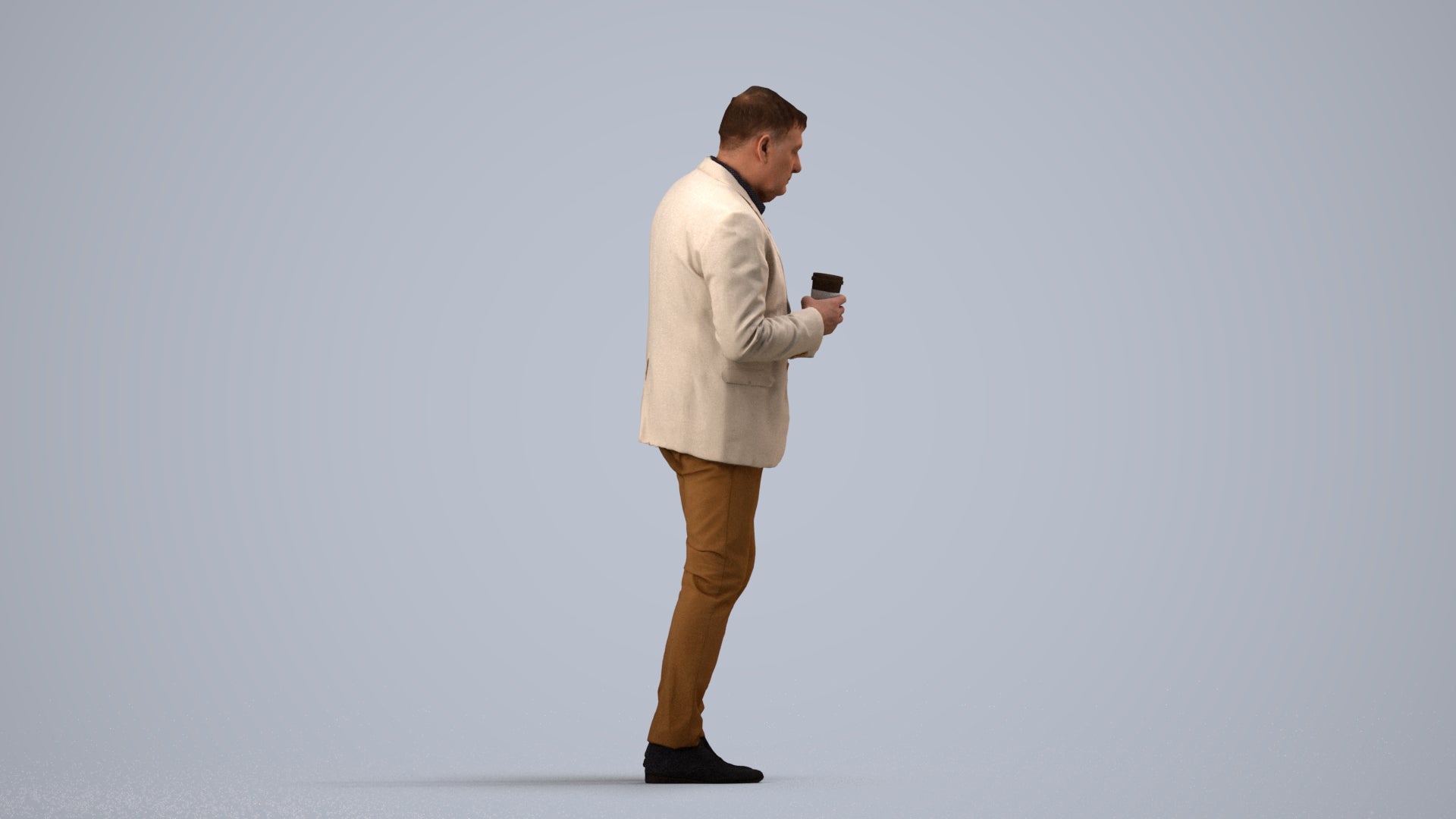 realistic 3D man business walking, scanned archviz people for Blender and 3ds Max, side view render