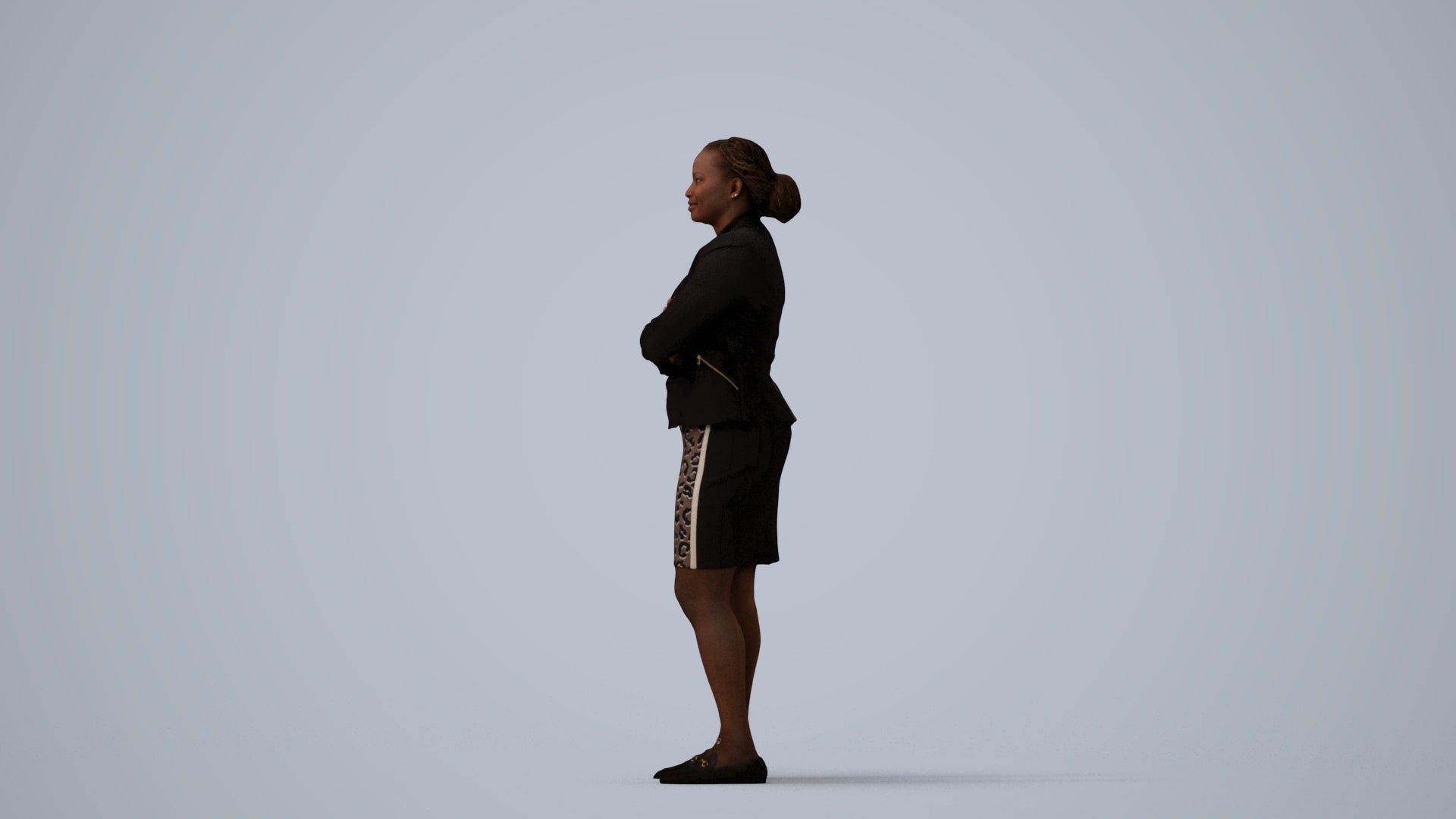 realistic 3D people woman business standing, render-ready for V-Ray and Corona, FBX OBJ, three-quarter view render