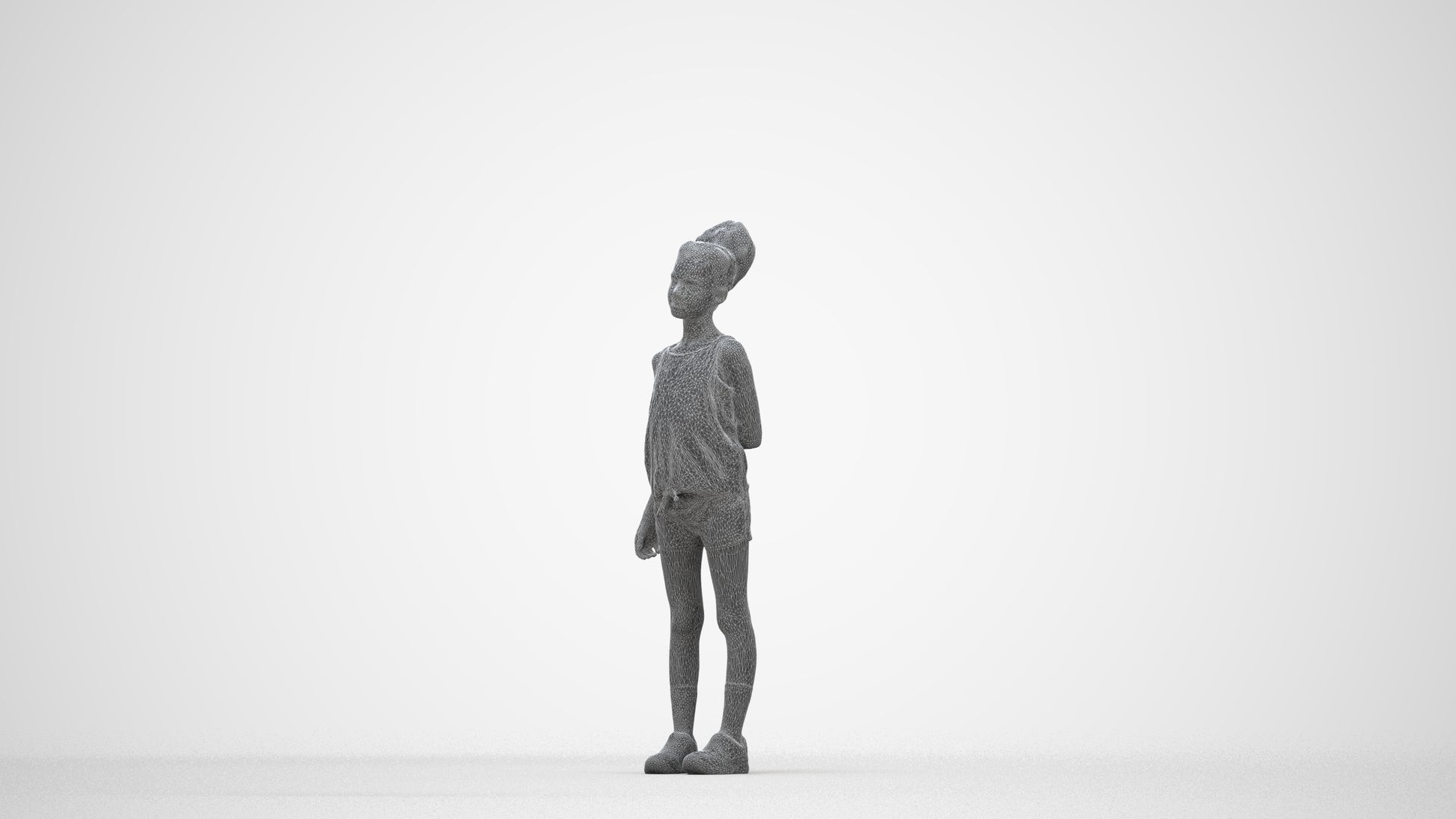 3D human model girl sport kids, photogrammetry scanned person for archviz, wireframe back view