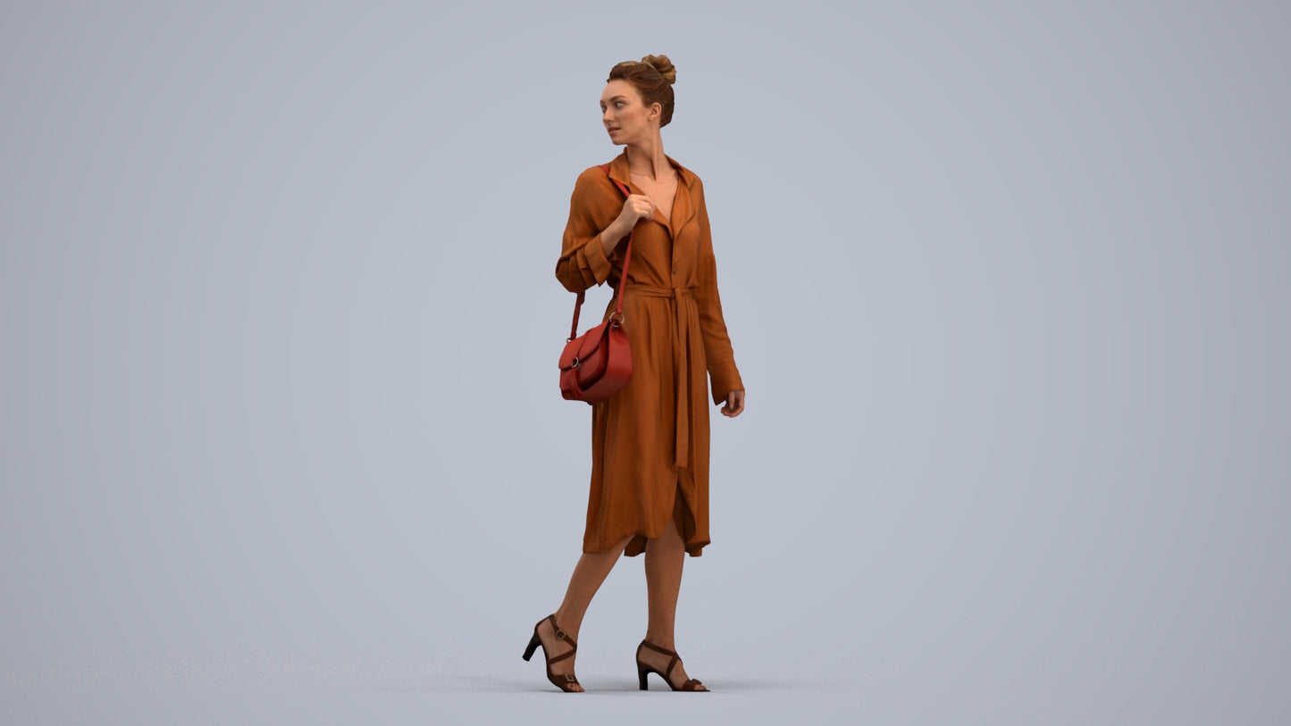 3D human model woman casual walking, photogrammetry scanned person for archviz, standing pose render