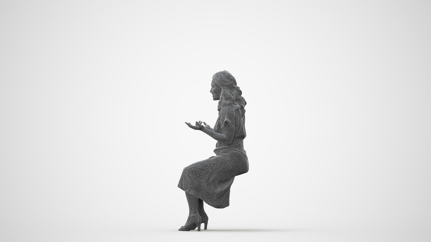 3D human model woman casual sitting, photogrammetry scanned person for archviz, square thumbnail