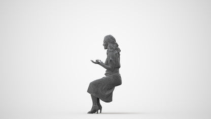 3D human model woman casual sitting, photogrammetry scanned person for archviz, square thumbnail