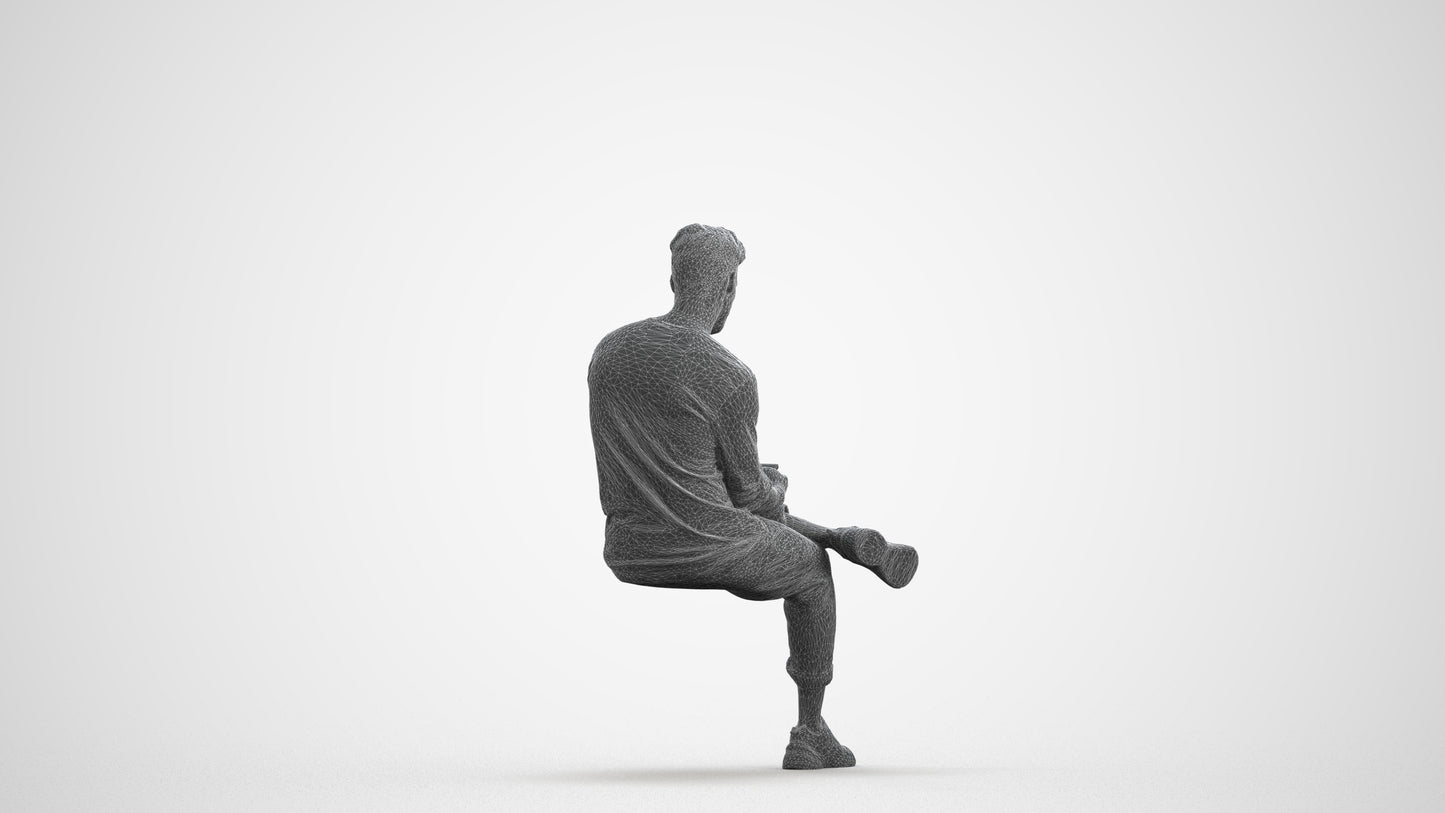3D human model man casual sitting, photogrammetry scanned person for archviz, wireframe front view