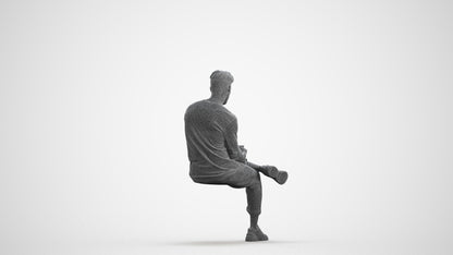 3D human model man casual sitting, photogrammetry scanned person for archviz, wireframe front view