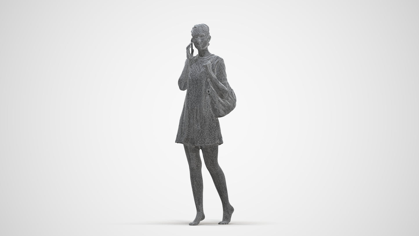 3D human model woman casual walking, photogrammetry scanned person for archviz, three-quarter front view render