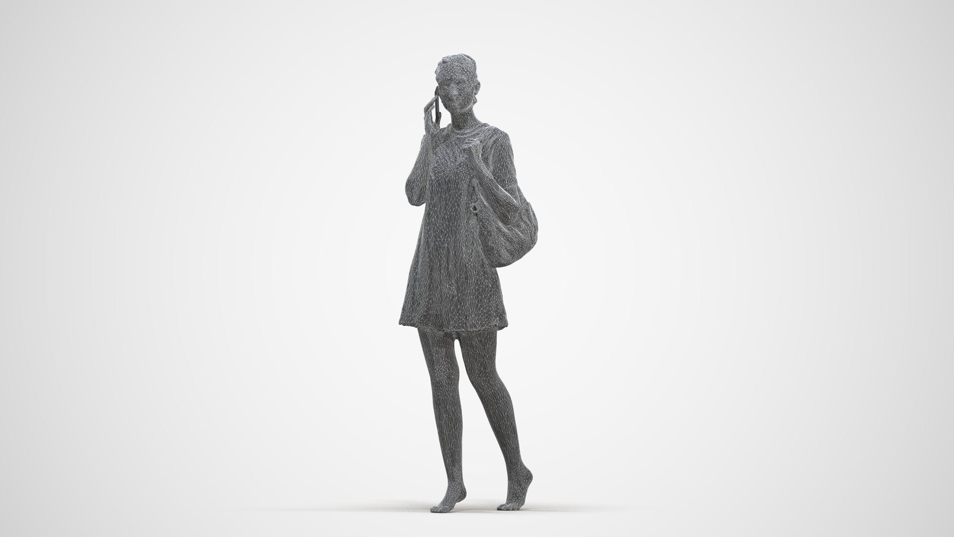 3D human model woman casual walking, photogrammetry scanned person for archviz, three-quarter front view render