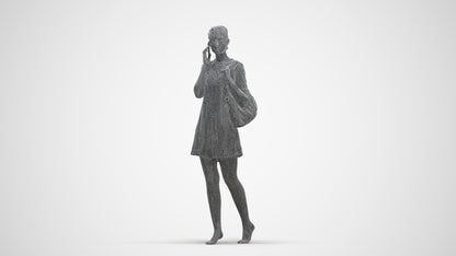 3D human model woman casual walking, photogrammetry scanned person for archviz, three-quarter front view render