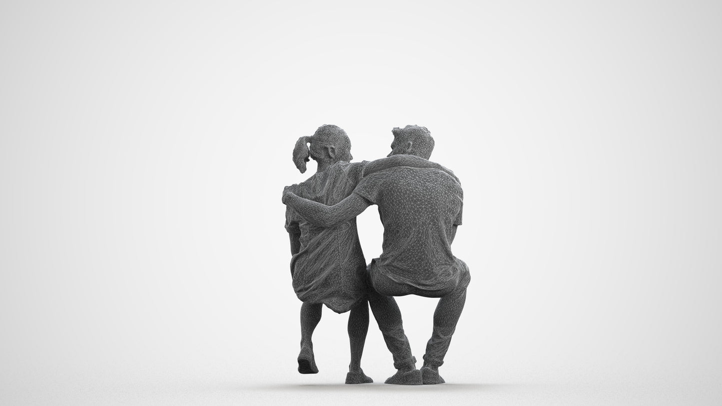 scanned 3D girl casual couple, photogrammetry people for Enscape and V-Ray, wireframe front view