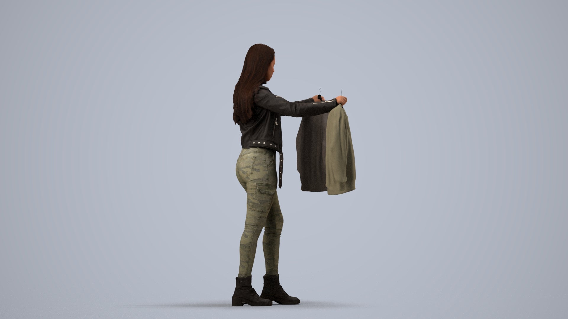 realistic 3D woman casual shopping, scanned archviz people for Blender and 3ds Max, side view render