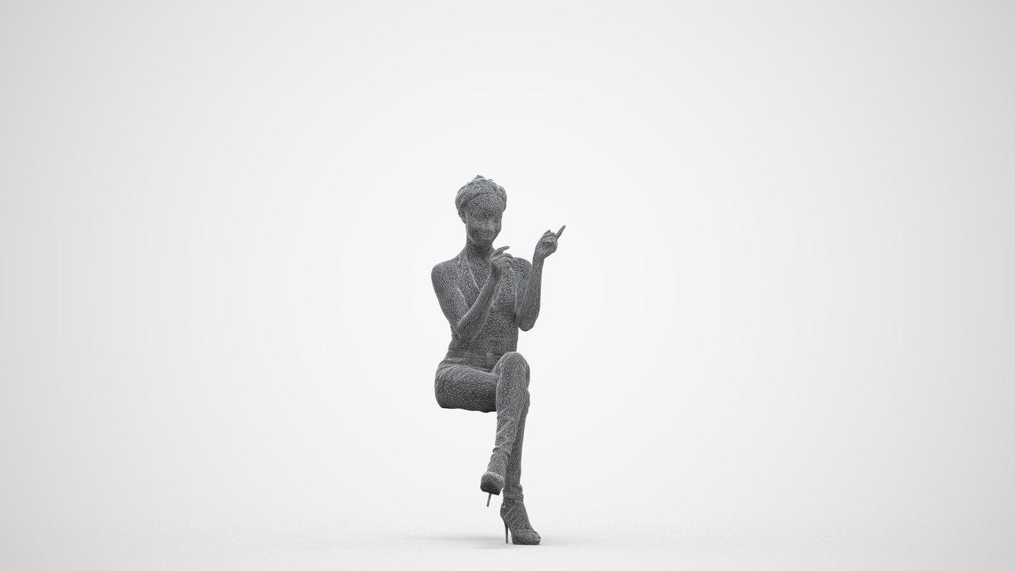 3D scanned woman sitting casual, photorealistic archviz people for Enscape and SketchUp, three-quarter front view render
