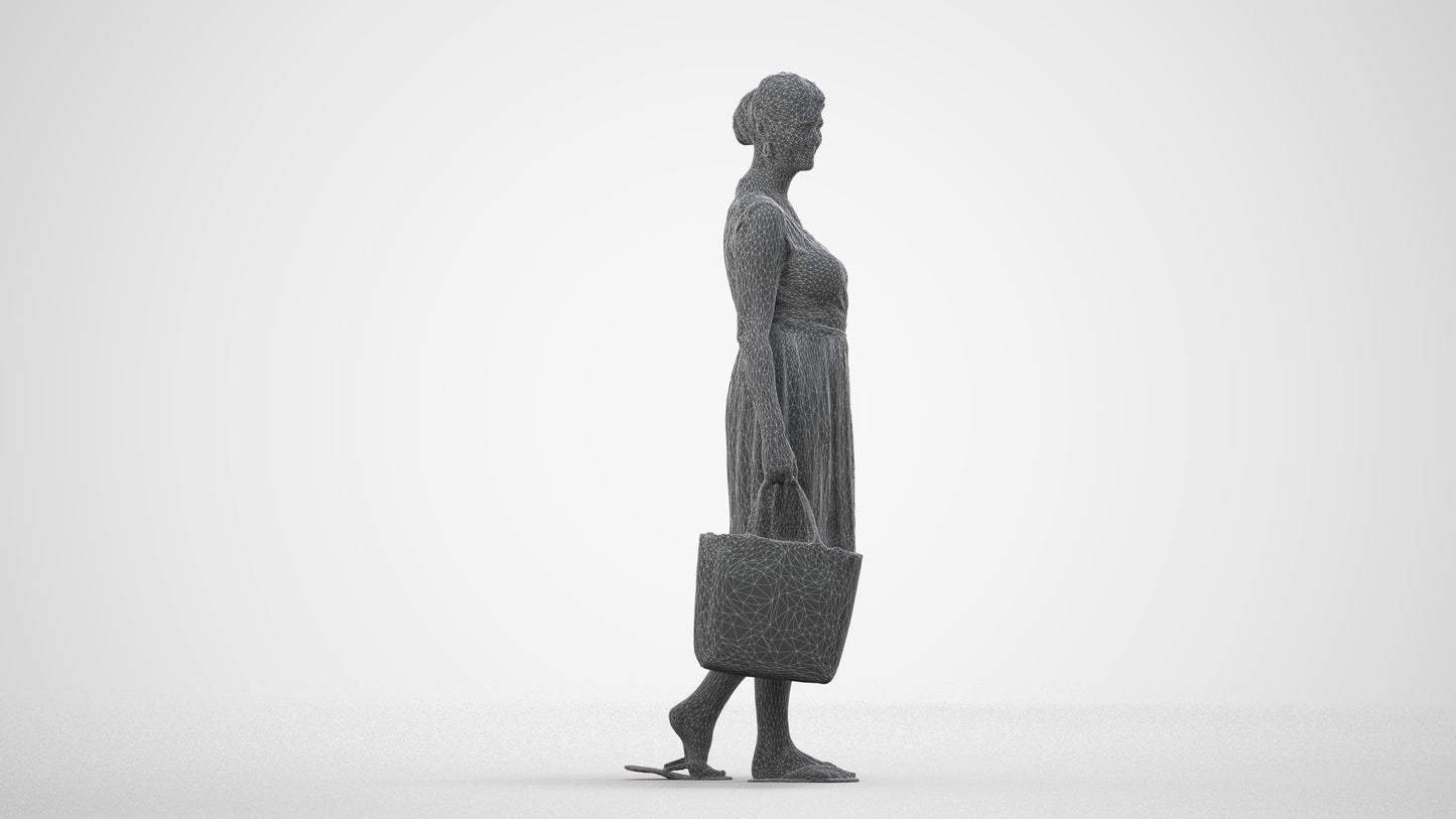 3D scanned woman shopping casual, photorealistic archviz people for Enscape and SketchUp, wireframe side view