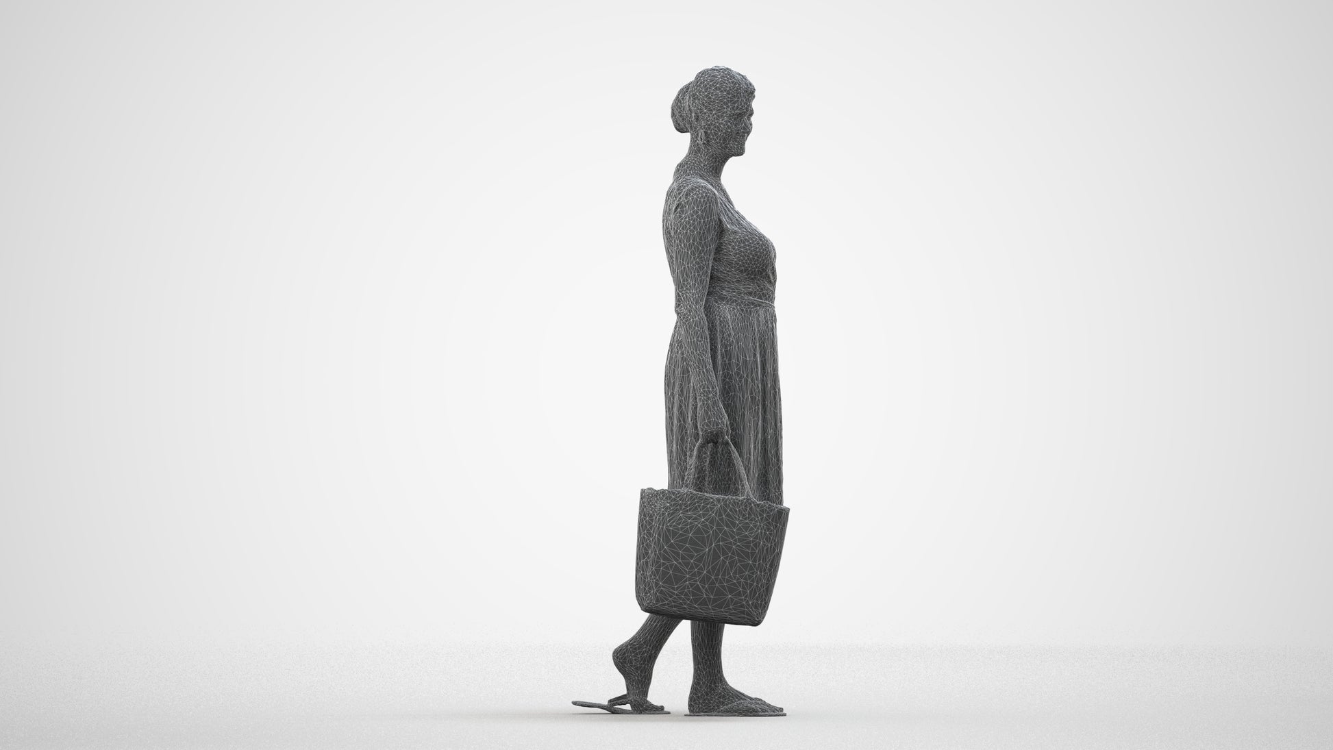 3D scanned woman shopping casual, photorealistic archviz people for Enscape and SketchUp, wireframe side view