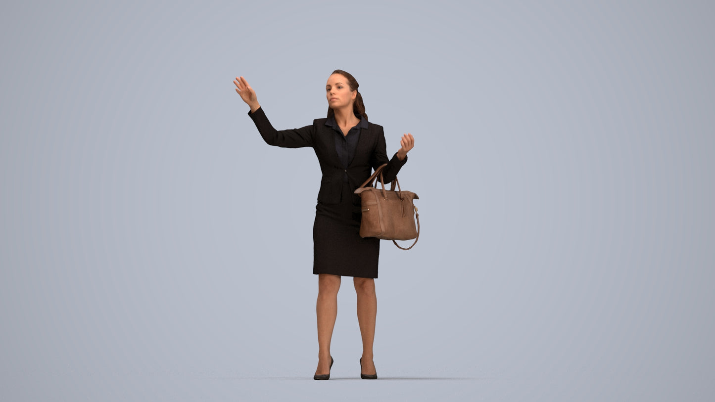 3D human model woman business standing, photogrammetry scanned person for archviz, top-down view render