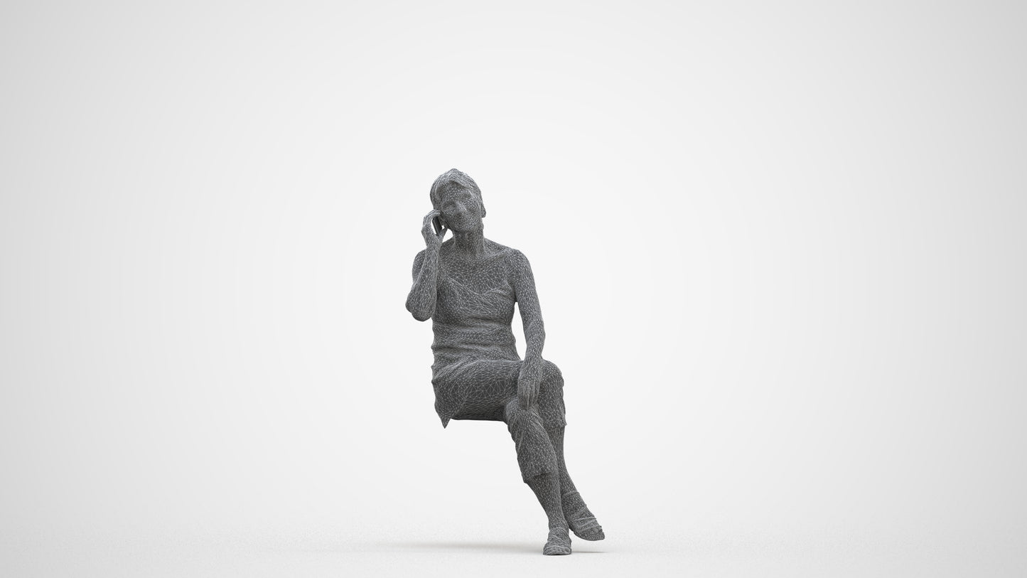 realistic 3D people senior woman casual sitting, render-ready for V-Ray and Corona, FBX OBJ, three-quarter front view render