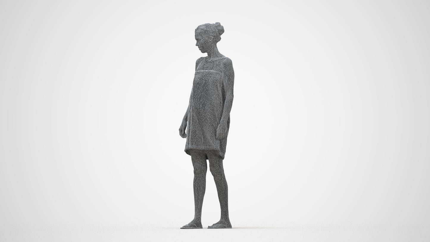 scanned 3D woman casual bathroom, photogrammetry people for Enscape and V-Ray, wireframe back view
