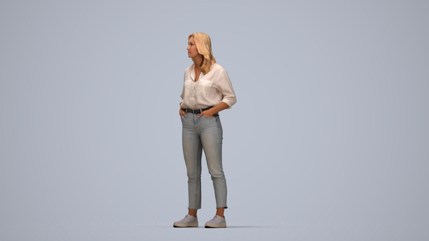 realistic 3D woman casual standing, scanned archviz people for Blender and 3ds Max, top-down view render