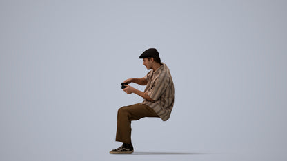 3D human model man casual sitting, photogrammetry scanned person for archviz, three-quarter view render