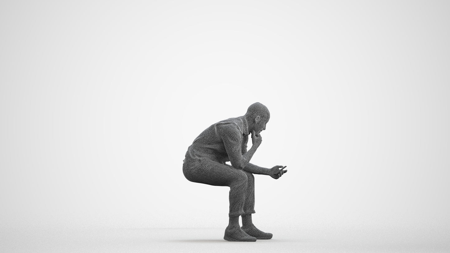 3D scanned man sitting business, photorealistic archviz people for Enscape and SketchUp, wireframe front view