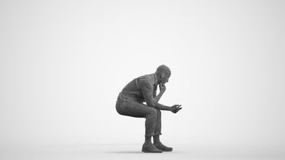 3D scanned man sitting business, photorealistic archviz people for Enscape and SketchUp, wireframe front view