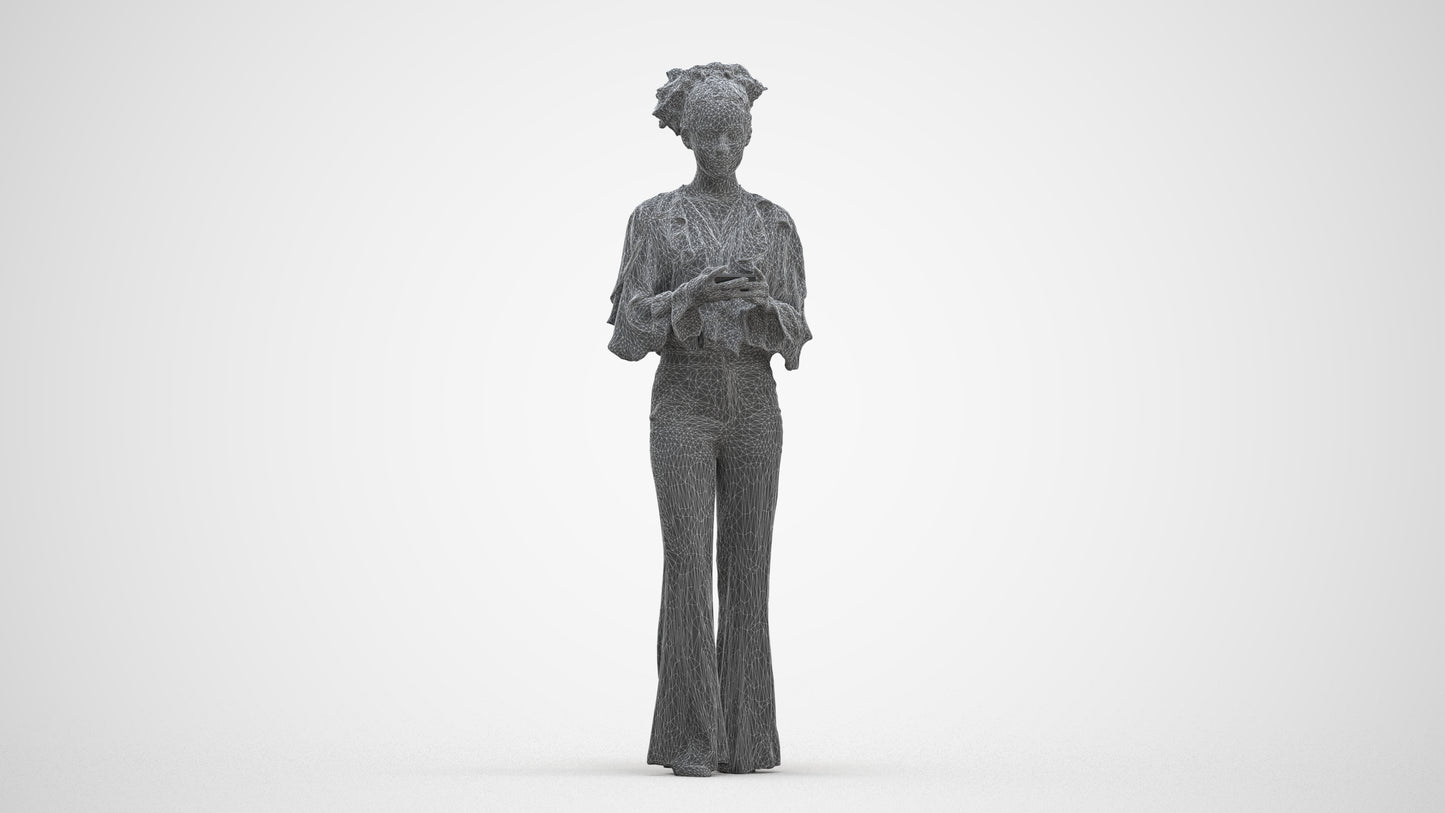 3D human model woman casual standing, photogrammetry scanned person for archviz, three-quarter front view render