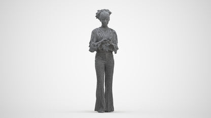 3D human model woman casual standing, photogrammetry scanned person for archviz, three-quarter front view render