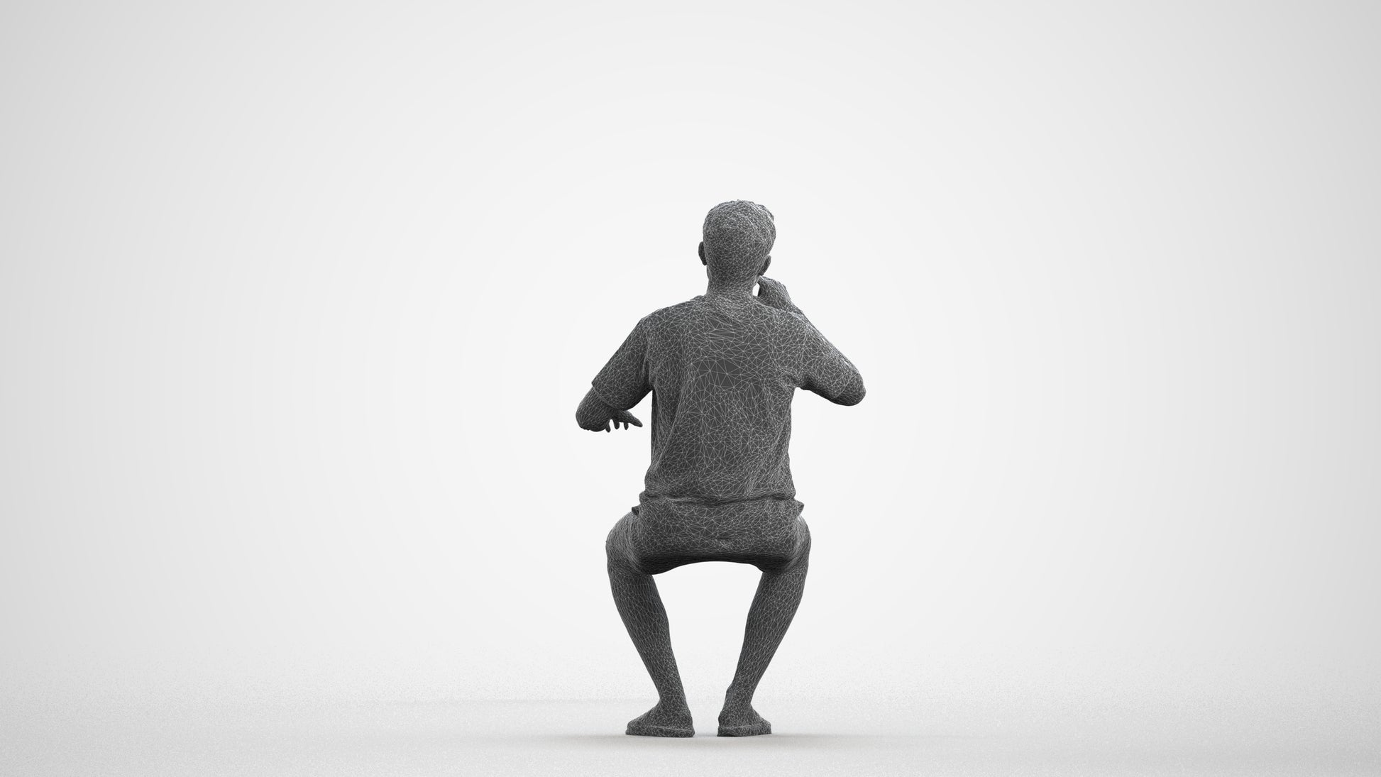 3D scanned man sitting casual, photorealistic archviz people for Enscape and SketchUp, wireframe front view