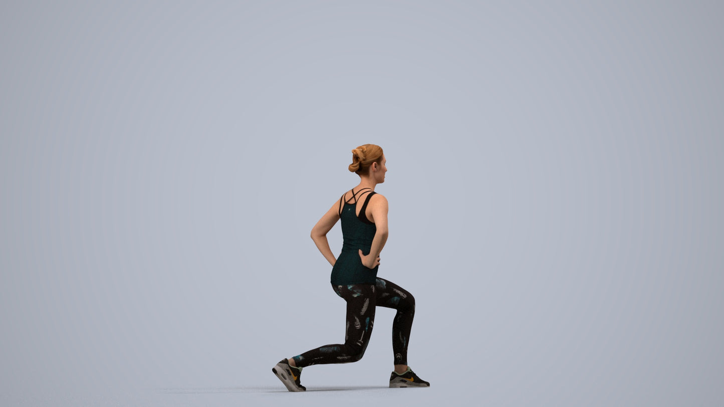 3D human model woman sport standing, photogrammetry scanned person for archviz, side view render