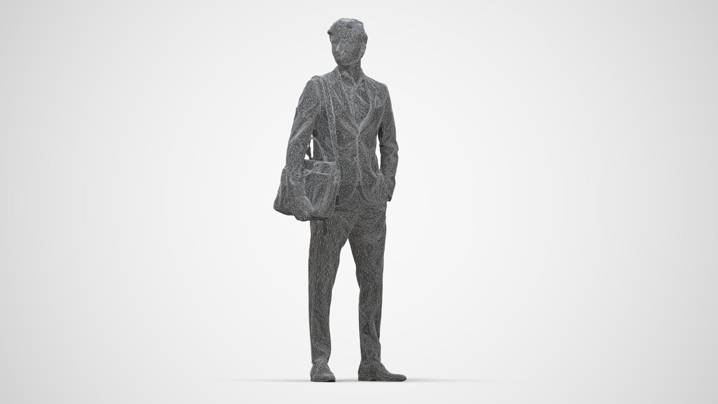 3D human model man business, photogrammetry scanned person for archviz, wireframe back view