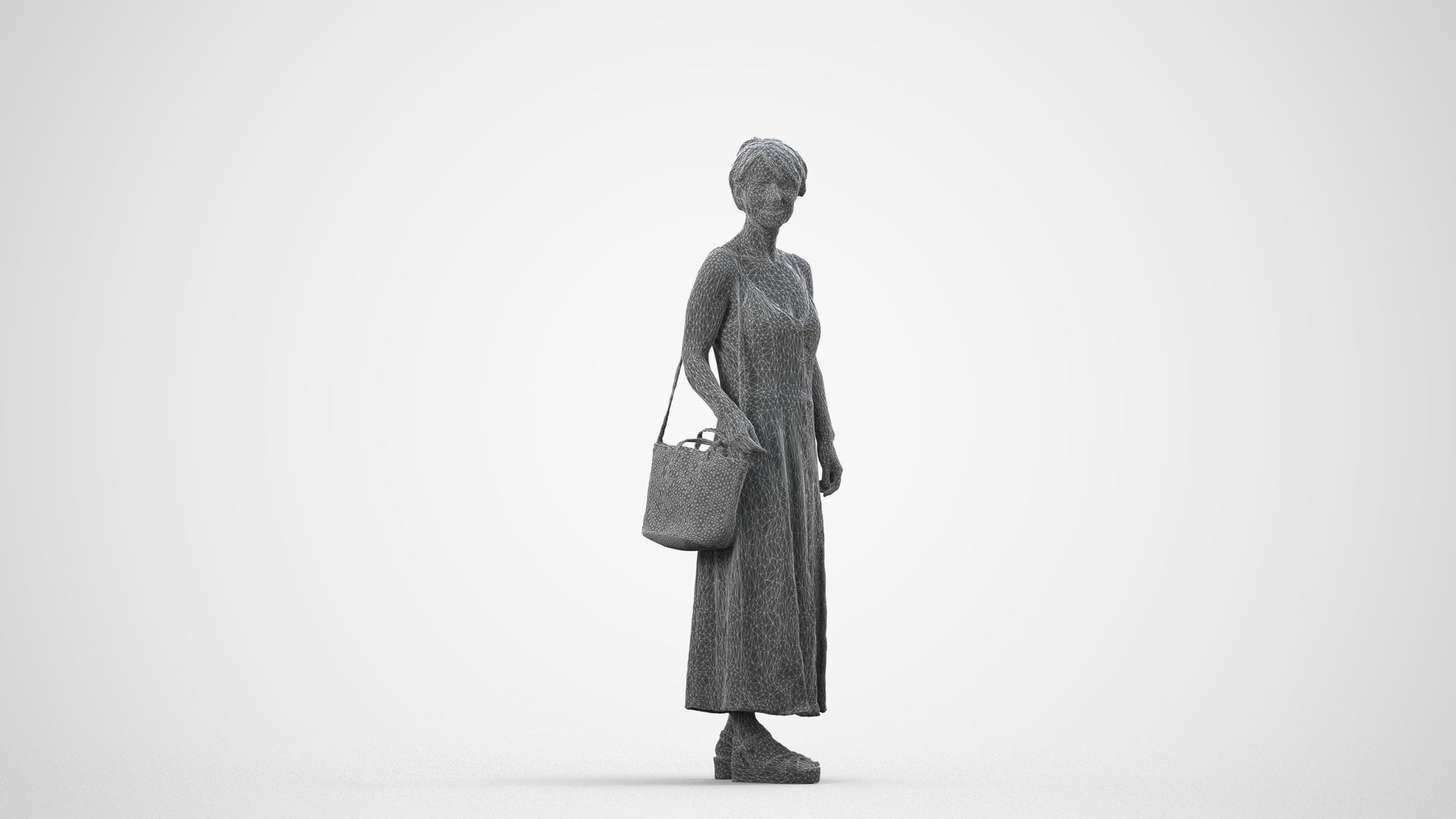 3D human model senior woman standing, photogrammetry scanned person for archviz, wireframe side view