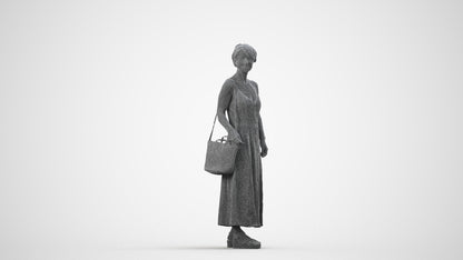 3D human model senior woman standing, photogrammetry scanned person for archviz, wireframe side view
