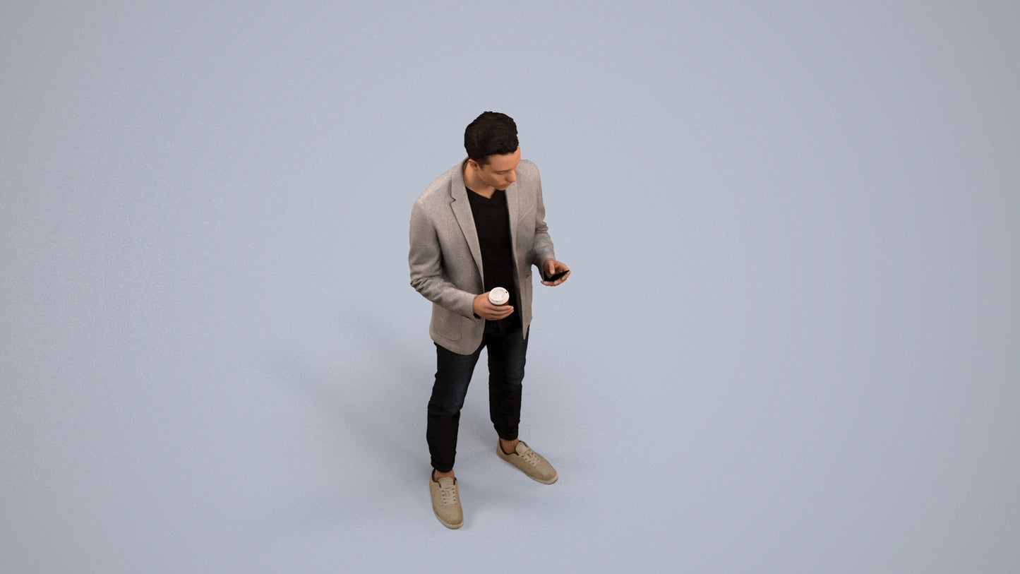 3D human model man business standing, photogrammetry scanned person for archviz, back view render