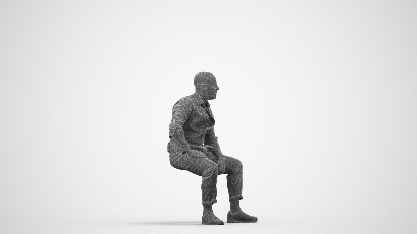 photogrammetry 3D man business sitting, realistic human model archviz FBX, wireframe side view