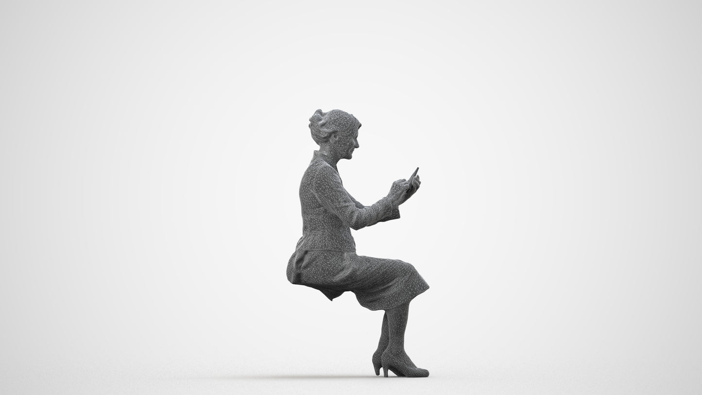 3D human model senior woman business sitting, photogrammetry scanned person for archviz, wireframe side view