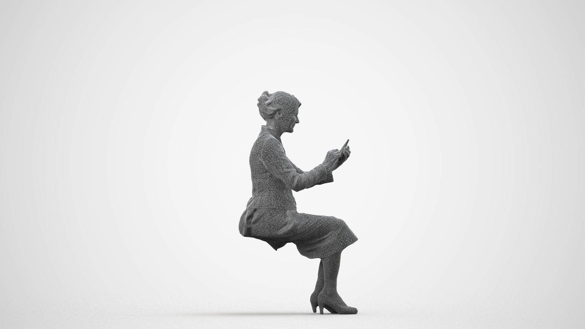 3D human model senior woman business sitting, photogrammetry scanned person for archviz, wireframe side view