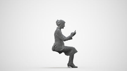 3D human model senior woman business sitting, photogrammetry scanned person for archviz, wireframe side view