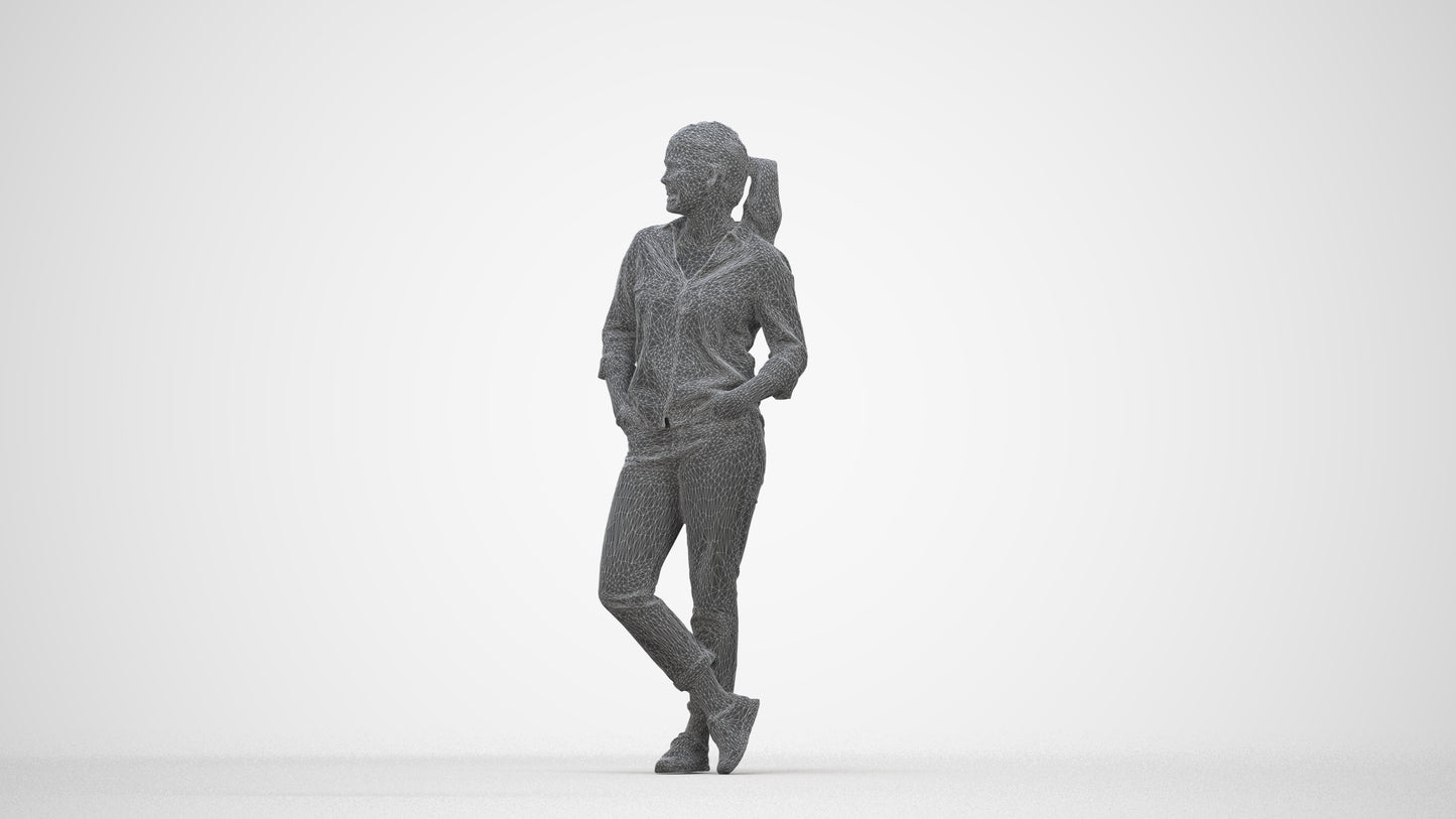 3D scanned woman standing casual, photorealistic archviz people for Enscape and SketchUp, wireframe back view