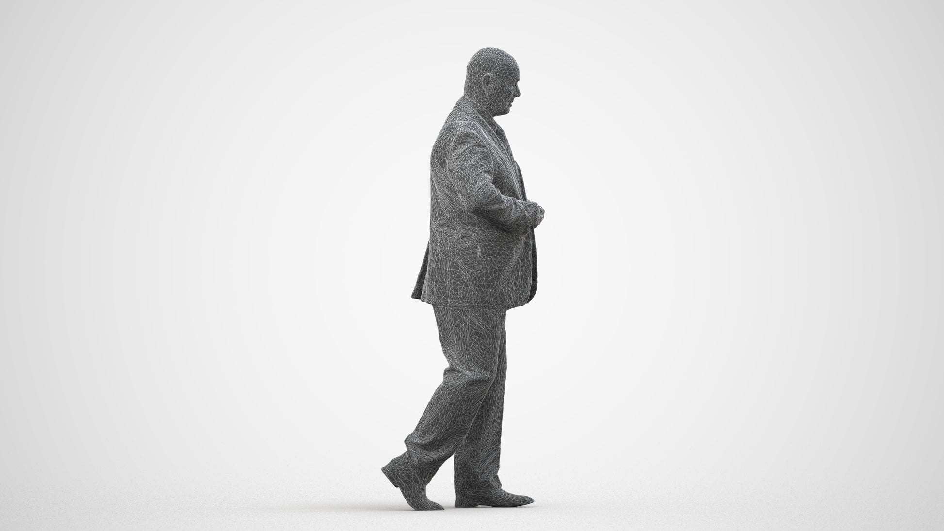 3D human model senior man business mix, photogrammetry scanned person for archviz, wireframe side view