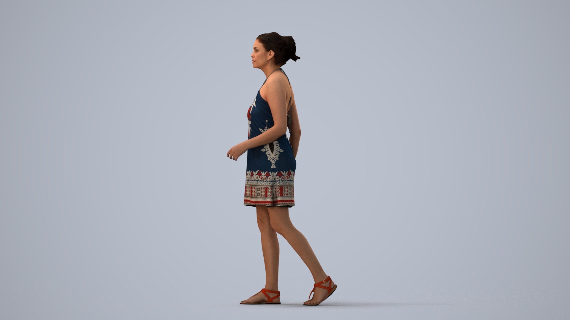 realistic 3D people woman walking, render-ready for V-Ray and Corona, FBX OBJ, three-quarter view render