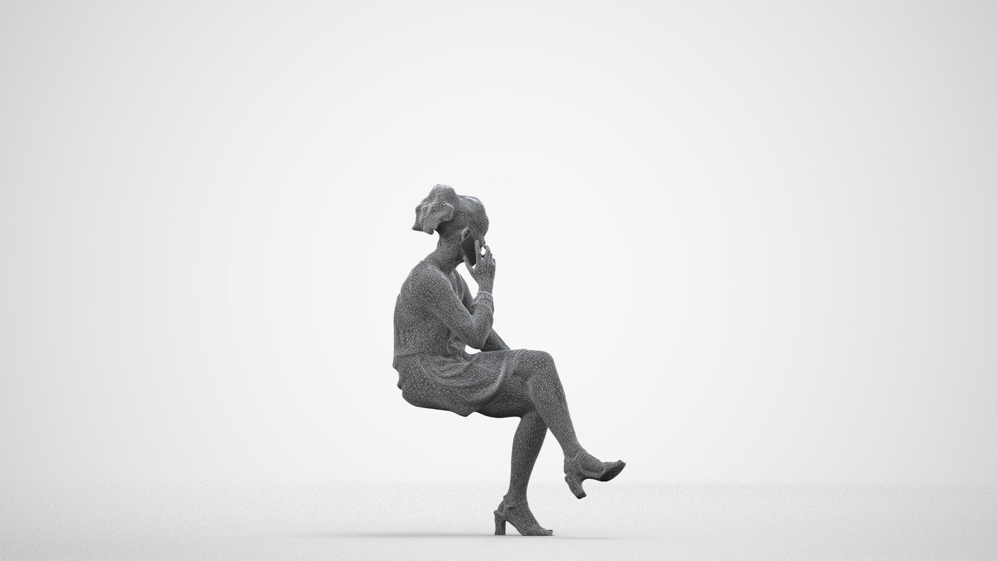 3D people model woman casual sitting, scanned human for 3ds Max rendering, wireframe side view