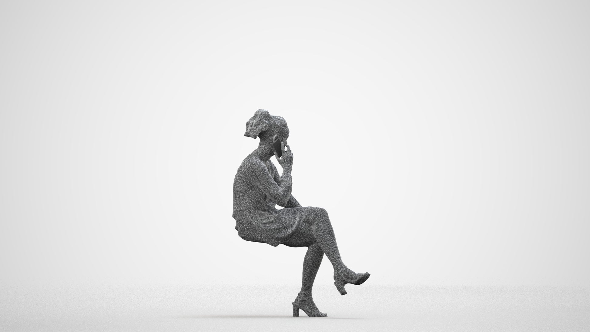 3D people model woman casual sitting, scanned human for 3ds Max rendering, wireframe side view