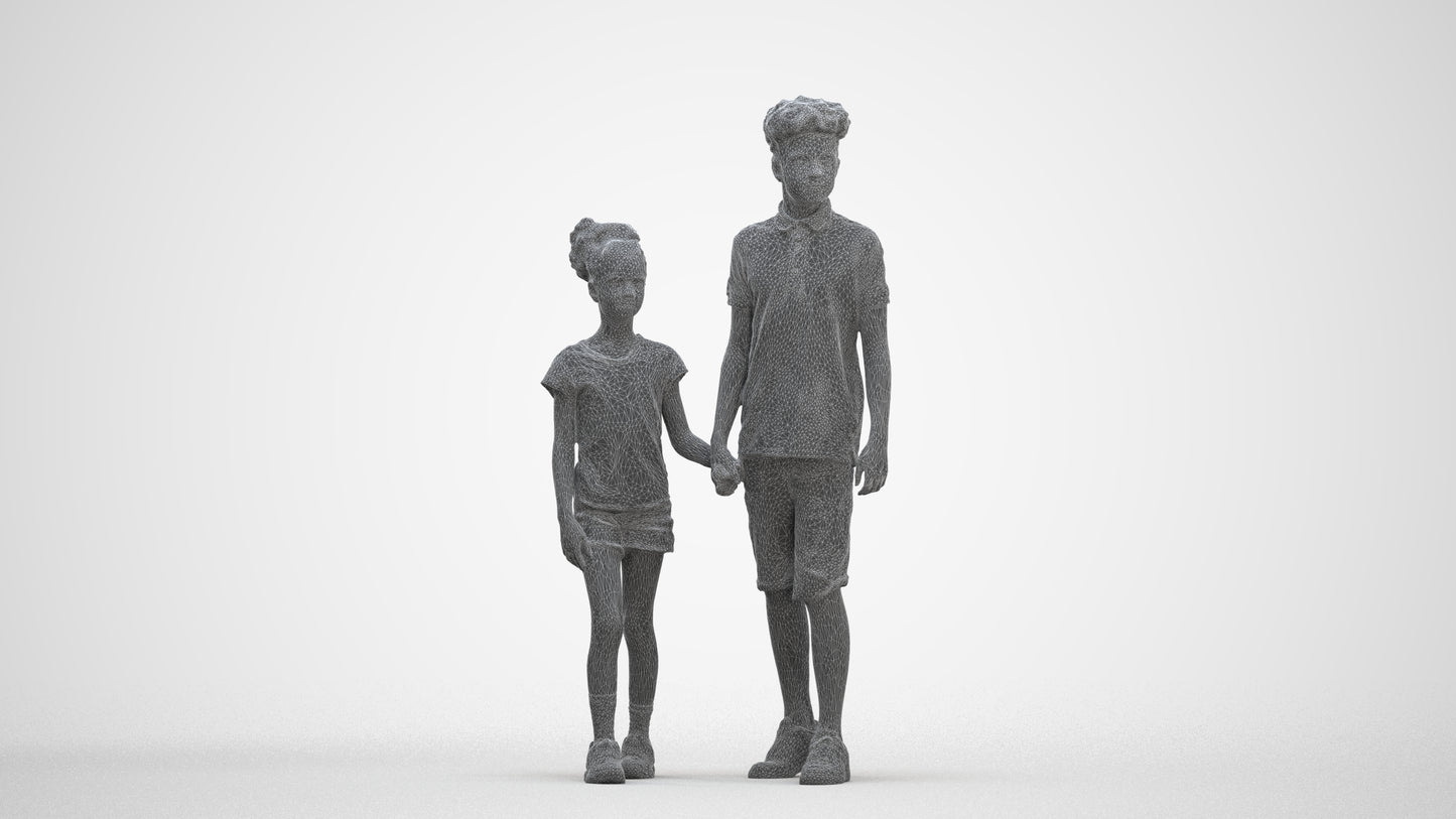 3D human model girl casual kids, photogrammetry scanned person for archviz, three-quarter front view render