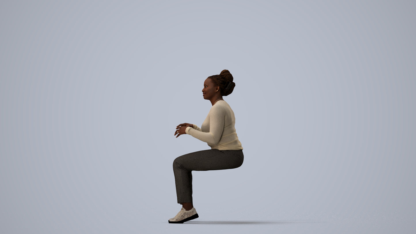 scanned 3D woman casual sitting, photogrammetry people for Enscape and V-Ray, three-quarter view render
