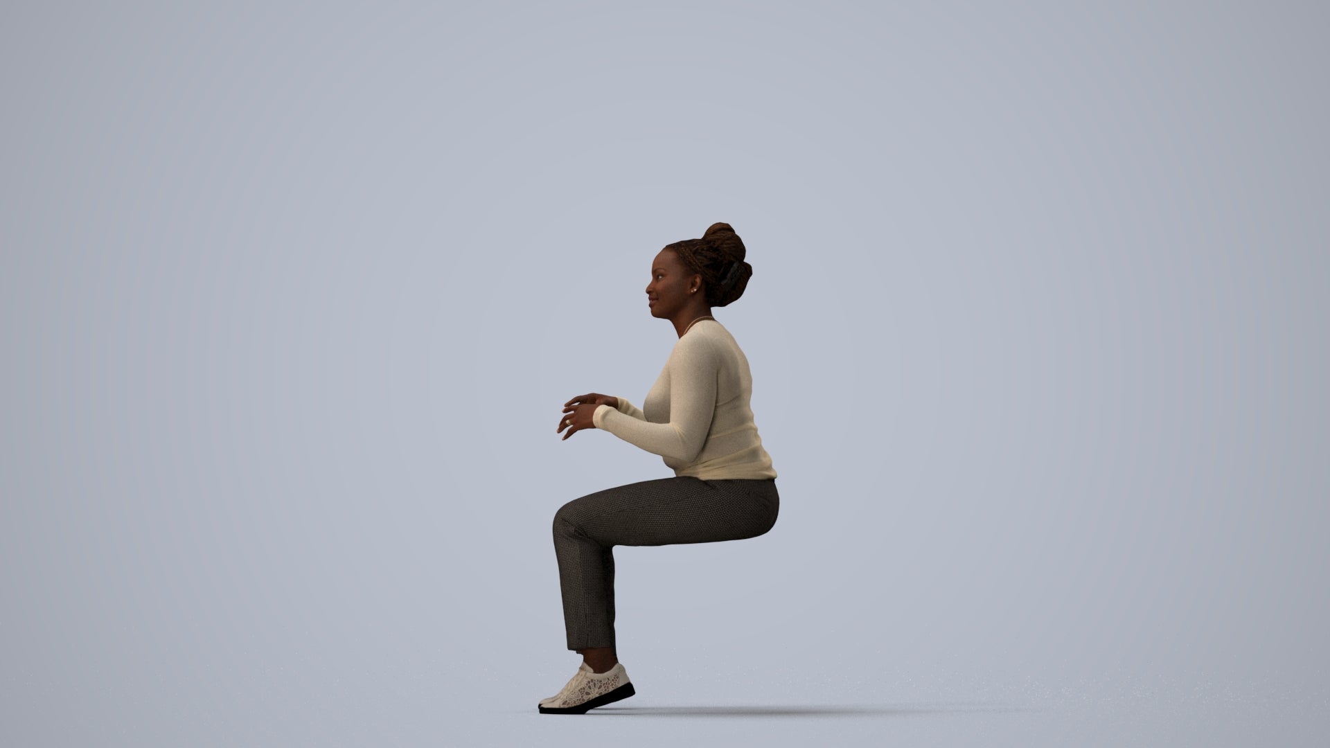 scanned 3D woman casual sitting, photogrammetry people for Enscape and V-Ray, three-quarter view render