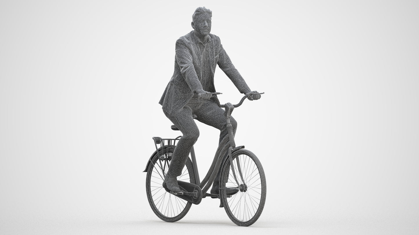 photogrammetry 3D man business cycling, realistic human model archviz FBX, three-quarter front view render