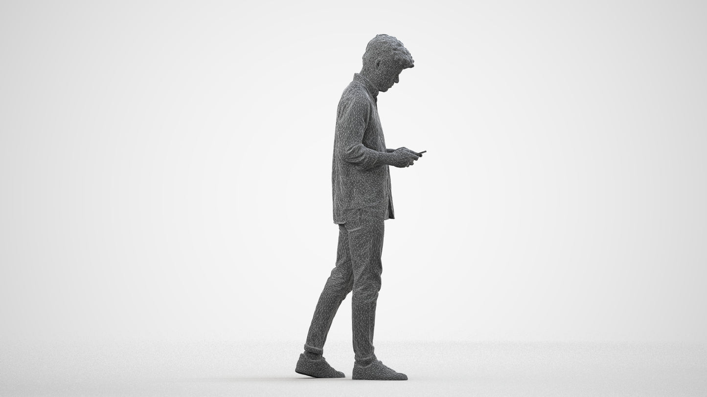 photogrammetry 3D man casual walking, realistic human model archviz FBX, wireframe side view