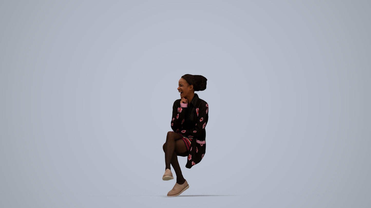 3D human model woman casual sitting, photogrammetry scanned person for archviz, top-down view render