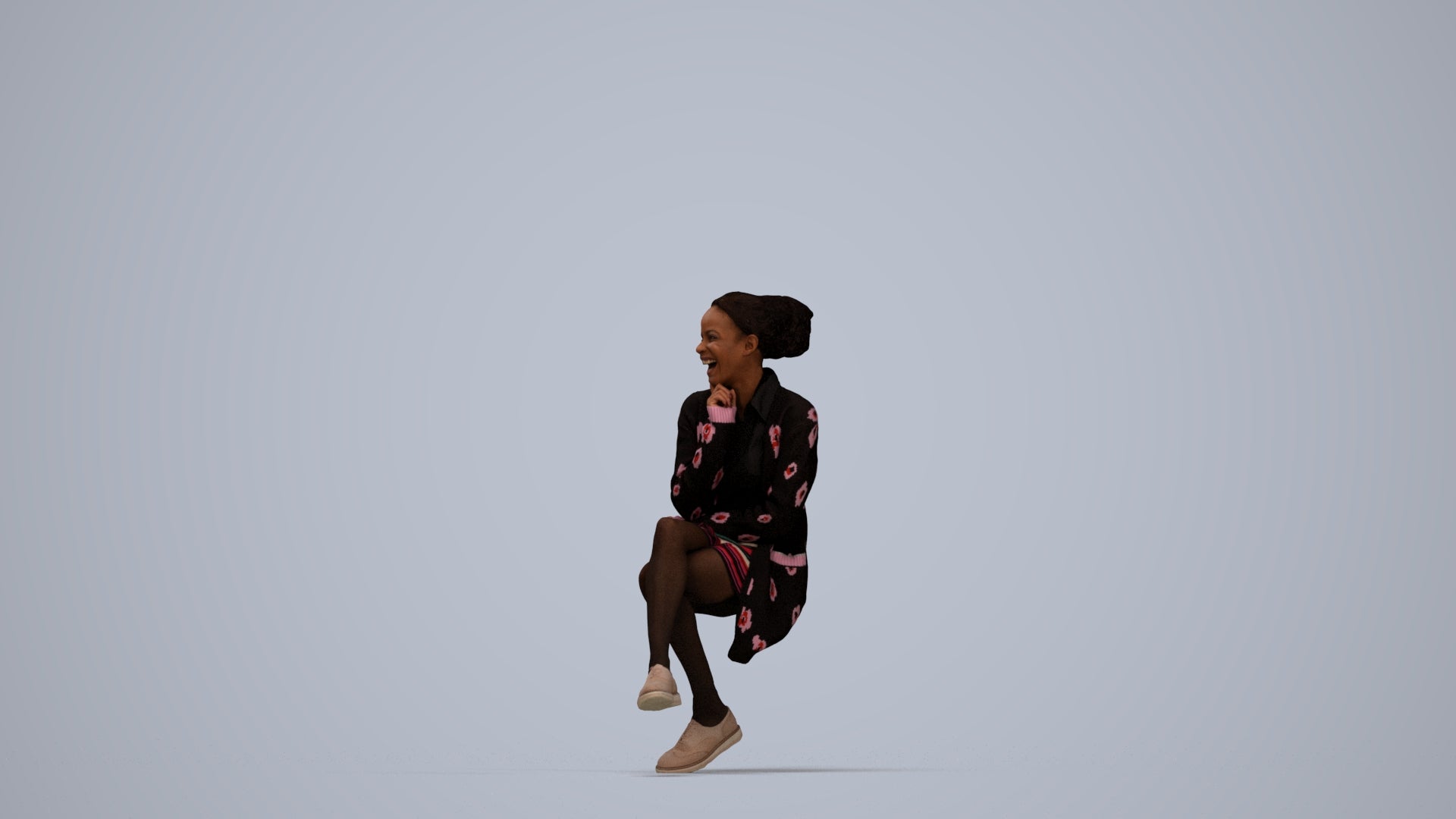 3D human model woman casual sitting, photogrammetry scanned person for archviz, top-down view render