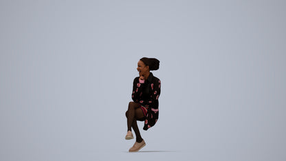 3D human model woman casual sitting, photogrammetry scanned person for archviz, top-down view render