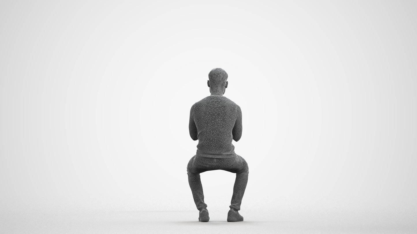 photogrammetry 3D man casual sitting, realistic human model archviz FBX, wireframe front view