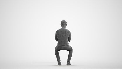 photogrammetry 3D man casual sitting, realistic human model archviz FBX, wireframe front view